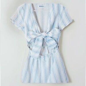Reverse Striped Tie-Front Romper Blue White Nautical Summer Casual